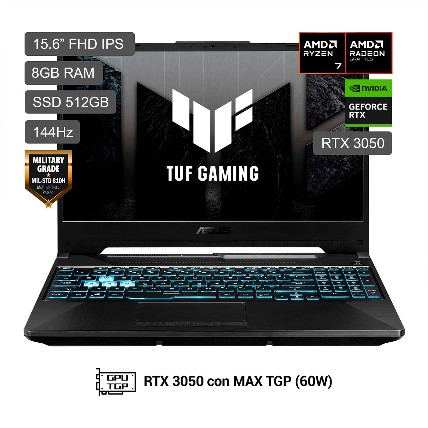 Laptop Gamer Asus Tuf Gaming A15 AMD R7-170 512GB SSD 8GB RTX3050 4GB 15.6"" FA506NCQ-HN012W