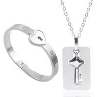 Collar Dije Llave del Amor Acero Inoxidable Plateado con Pulsera Corazón