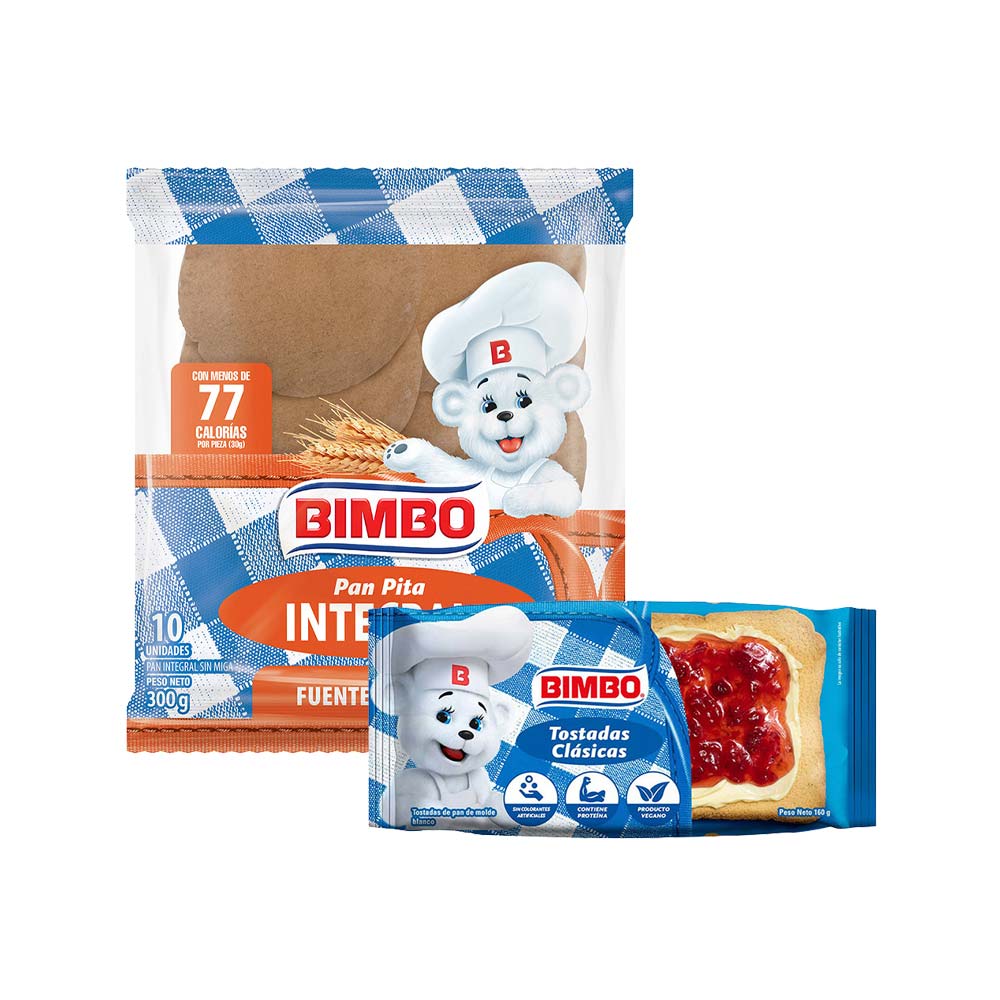 Pack Tostadas BIMBO Clásicas Paquete 10un + Pan Pita Integral BIMBO Bolsa 300g