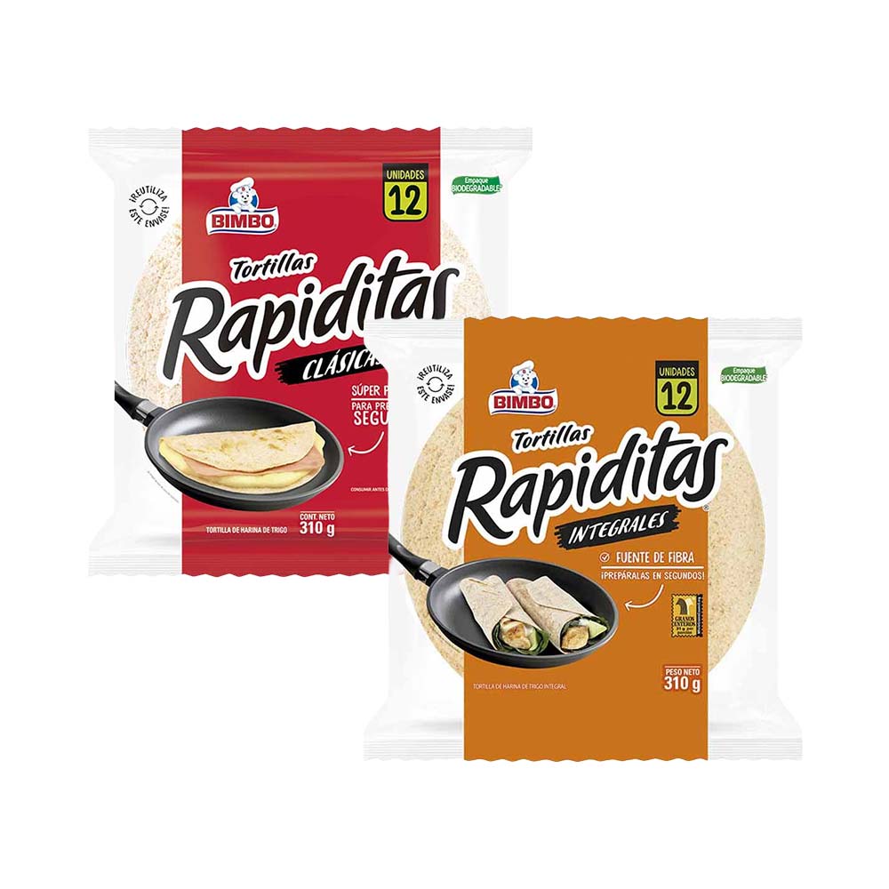 Pack Tortillas BIMBO Rapiditas Integrales Bolsa 12un + Tortillas BIMBO Rapiditas Clásicas Bolsa 12un