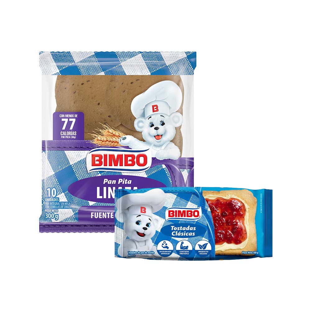 Pack Tostadas BIMBO Clásicas Paquete 10un + Pan Pita Linaza BIMBO Bolsa 300g