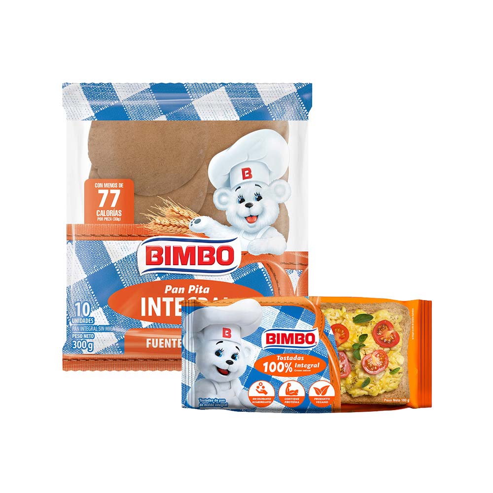 Pack Tostadas BIMBO Integrales Paquete 10un + Pan Pita Integral BIMBO Bolsa 300g