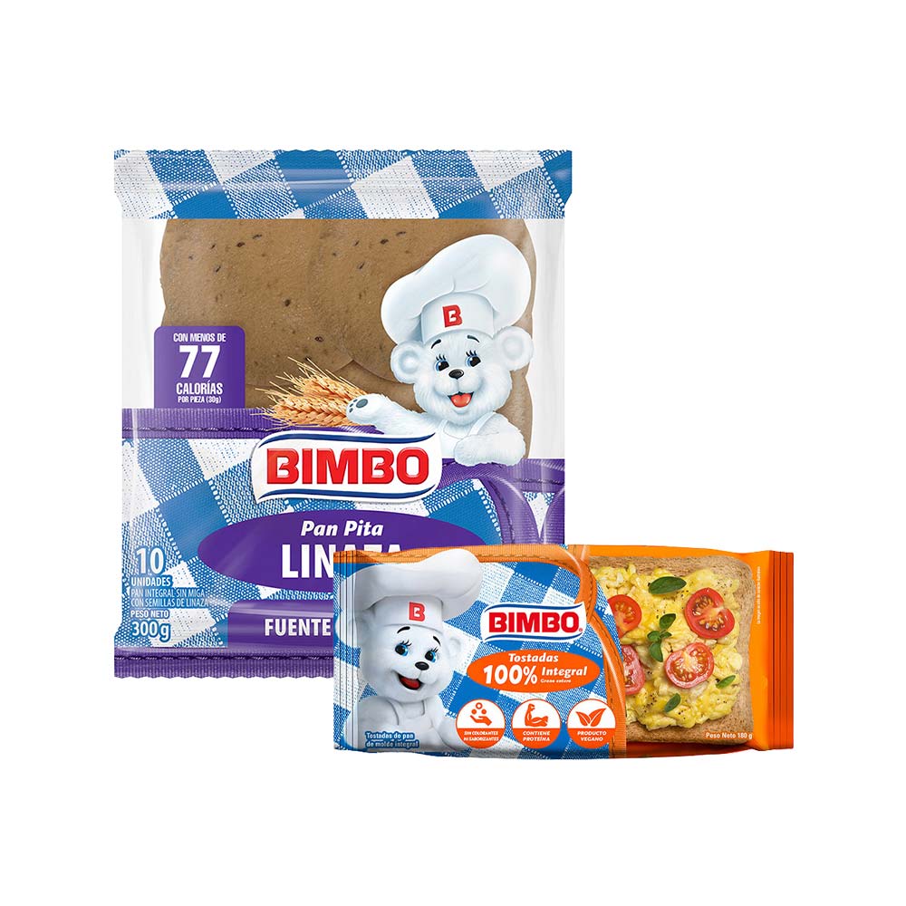 Pack Tostadas BIMBO Integrales Paquete 10un + Pan Pita Linaza BIMBO Bolsa 300g
