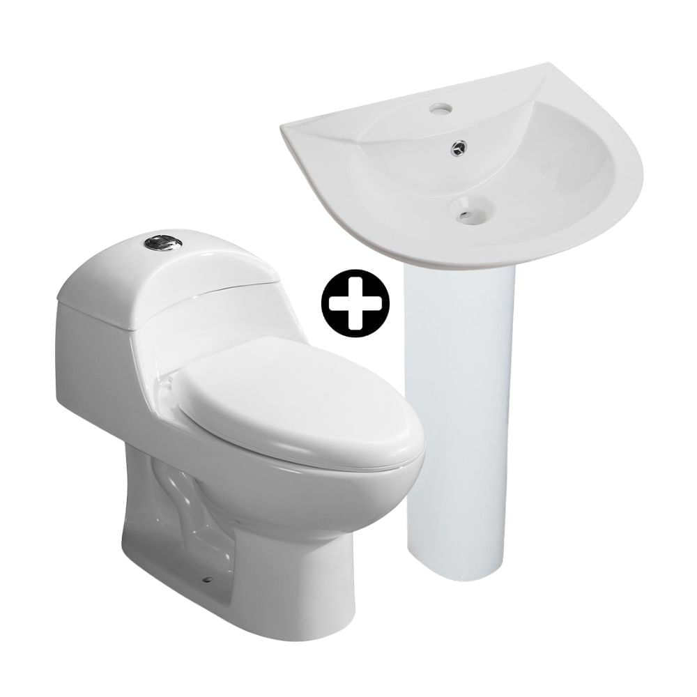 COMBO Orange: Inodoro One Piece Cerámico Ártico Blanco + Lavatorio Ovalado Índigo Blanco de Loza Vitrificada 55.5 cm + Pedestal Standard Blanco