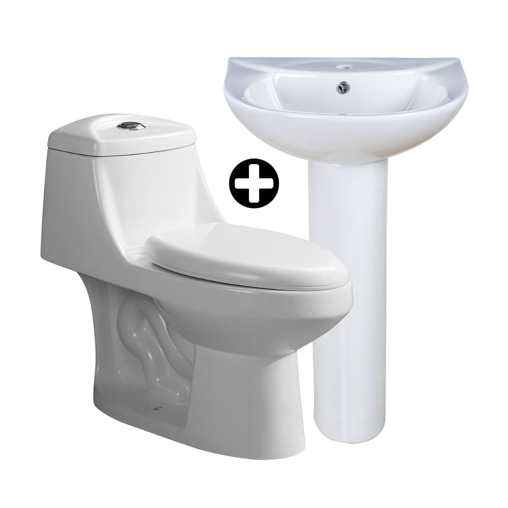 COMBO Inodoro One Piece Índigo Blanco + Pedestal Ártico Blanco de 69 cm + Lavatorio Standard Cerámica Blanco Orange