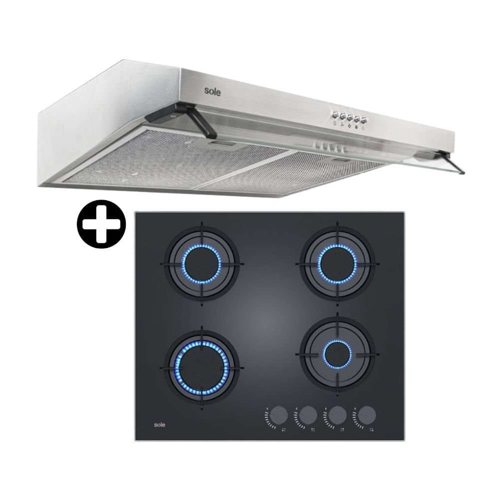 COMBO Sole: Cocina Empotrable Solco049V2 4 hornillas + Campana Extractora Convencional 60cm Nueva Roma 1 Motor Acero Inoxidable
