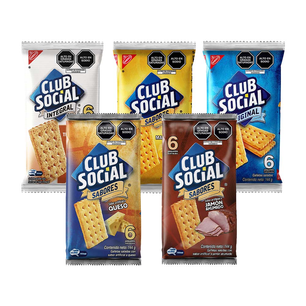 Pack Galletas CLUB SOCIAL Original x 6un + Sabor Mantequilla x 6un + Integrales x 6un + Sabor Jamón Ahumado x 6un + Sabor Queso x 6un
