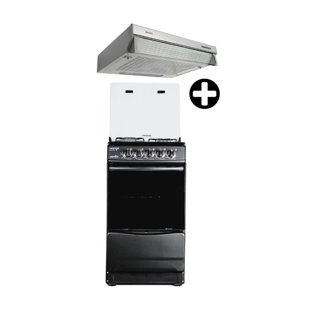 COMBO Orange: Cocina de pie a gas 20" Sevilla 4 hornillas Negra + Campana Extractora 60cm Frontal Acero Inoxidable 1 motor