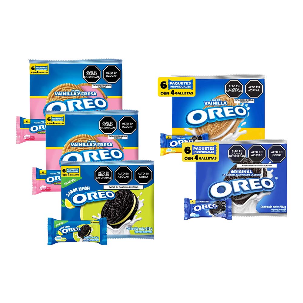 Pack OREO Galletas Original x 6un + Galleta Golden Vainilla x 6un+ Galletas Sabor Limón x 6un + Galletas Fresa Paquete 6un x 2un