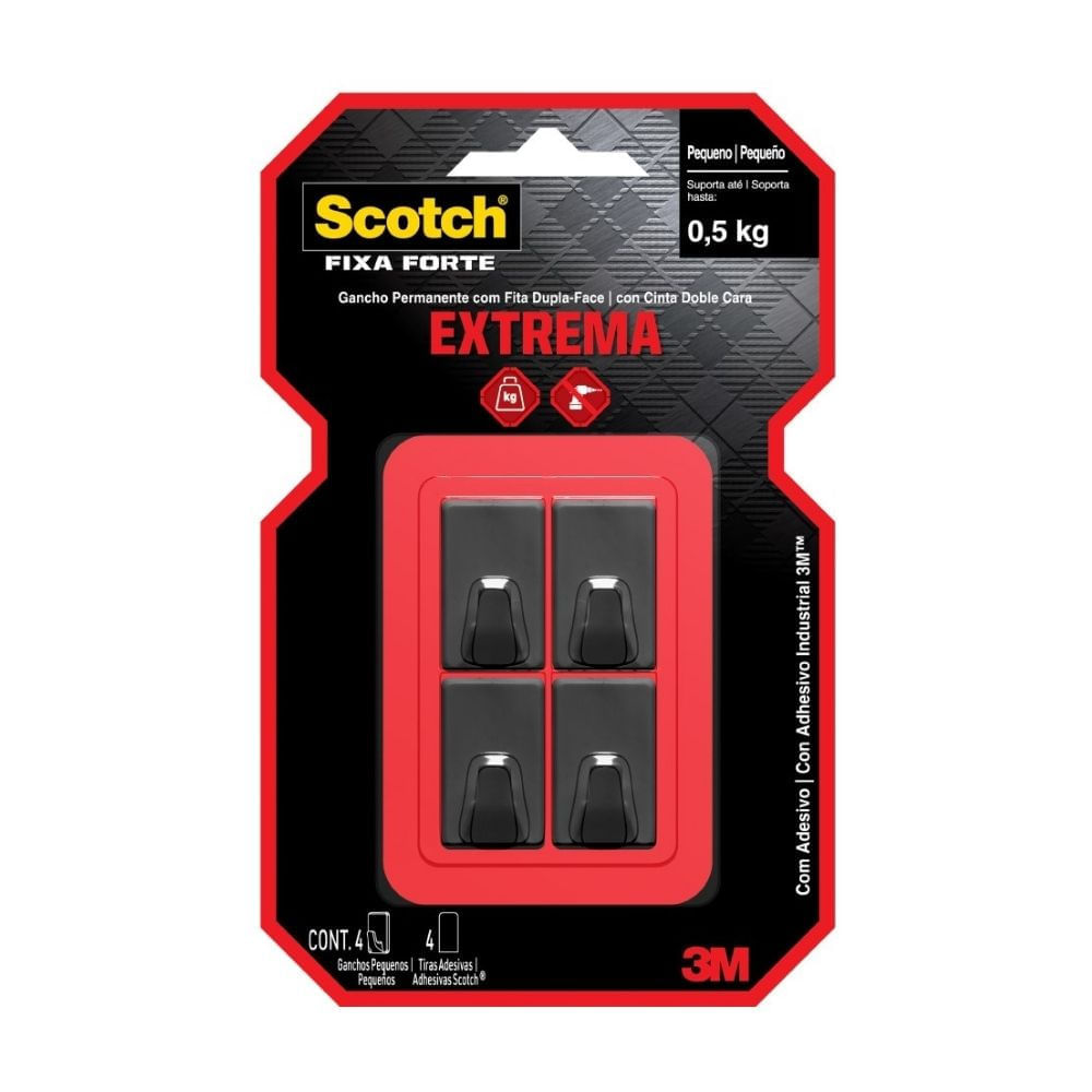 Gancho 3M Scotch Permanente Negro Pequeño 0.5kg x 4 Unidades