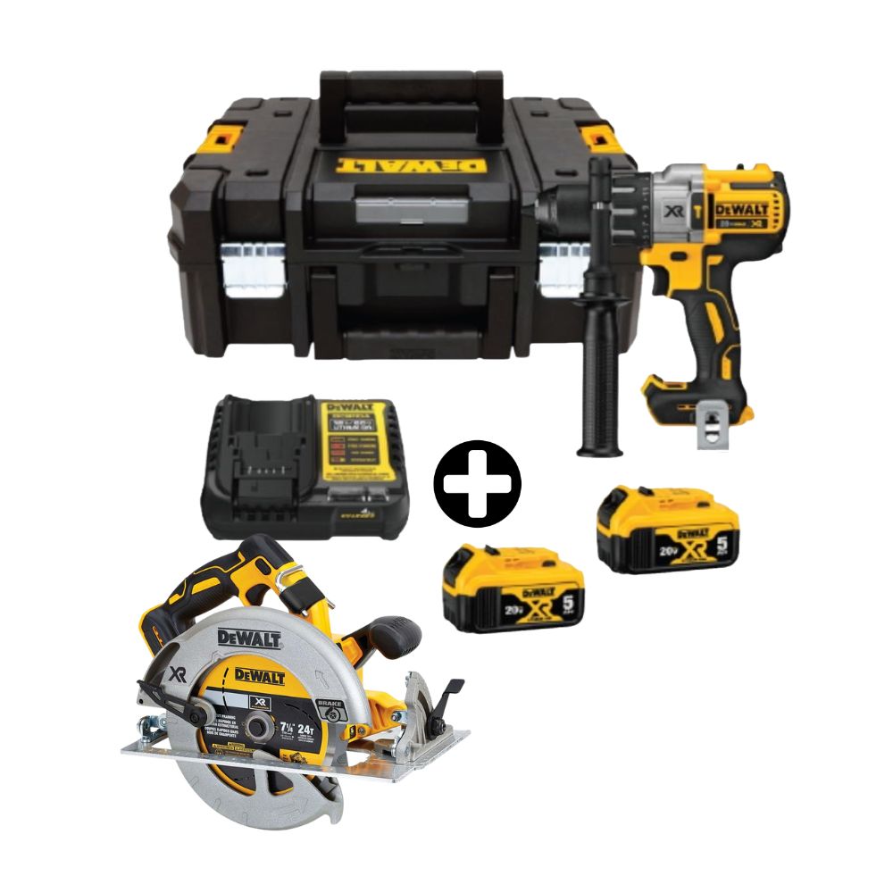COMBO Dewalt: Taladro Percutor DCD996P2T-B2 20v-3v Brushless + Sierra Circular 7-1/4" 20V BRUSHLESS DCS570B + 2 Bateria 5Ah + Maleta Tstack