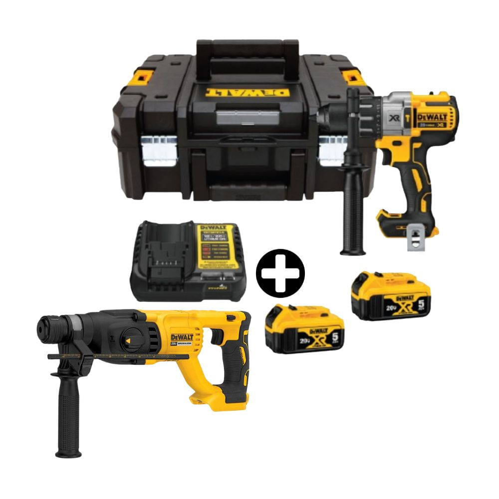 COMBO Dewalt: Taladro Percutor DCD996P2T-B2 20v-3v Brushless + Rotomartillo SDS Plus 20V Modelo DCH133B Amarillo + 2 Bateria 5Ah + Maleta Tstack