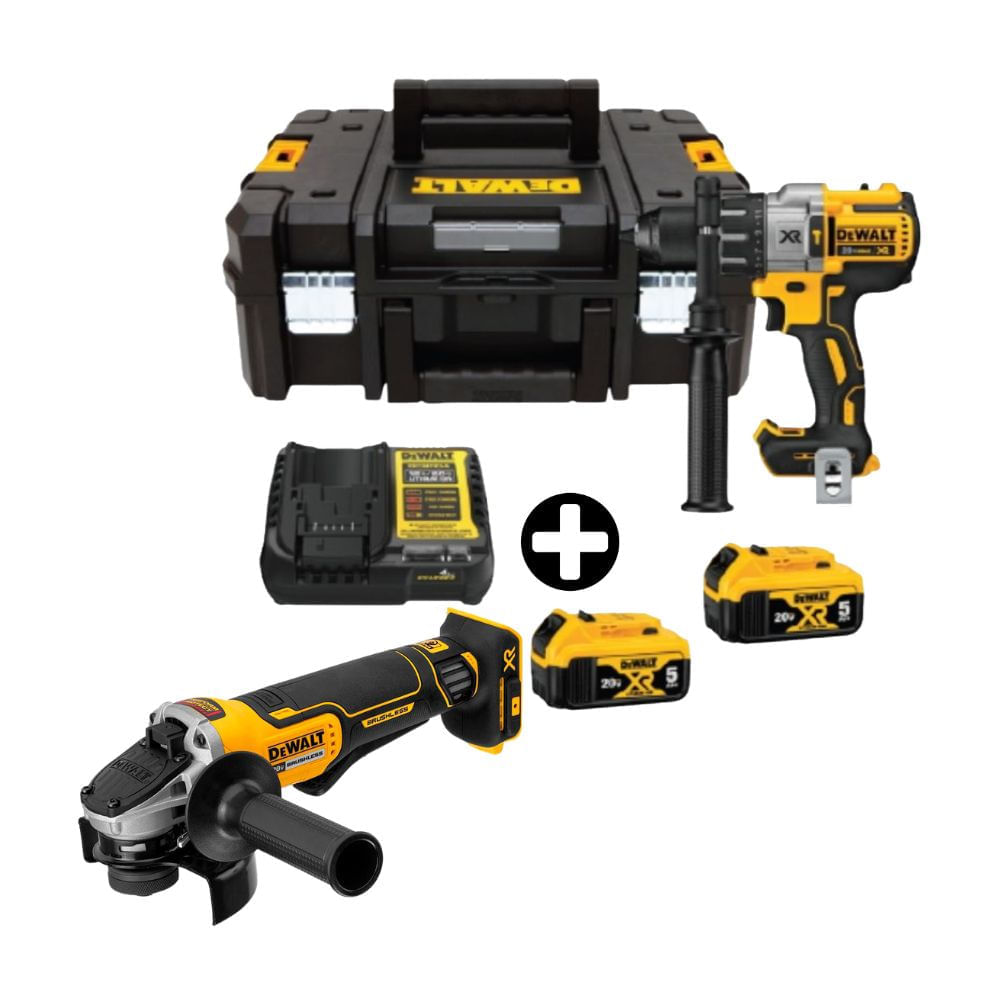 COMBO Dewalt: Taladro Percutor DCD996P2T-B2 20v-3v Brushless + Amoladora Angular 4-1/2" 20V BRUSHLESS DCG413B + 2 Bateria 5Ah + Maleta Tstack