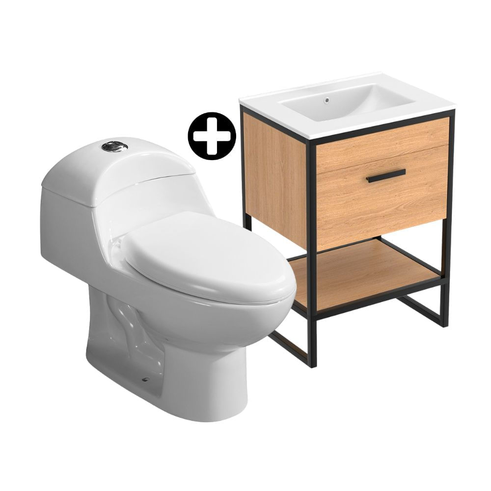 COMBO Orange: Inodoro One Piece Cerámico Ártico Blanco con Descarga Dual + Vanitorio London 60cm Melamine MDF
