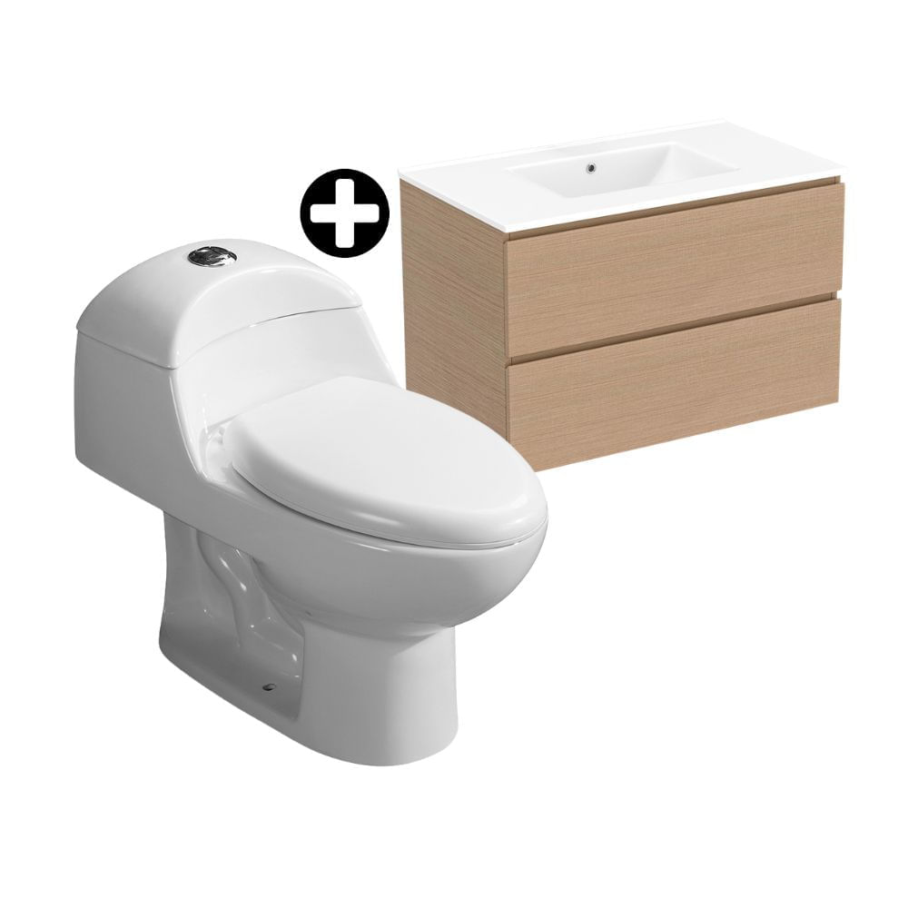 COMBO Orange: Inodoro One Piece Cerámico Ártico Blanco con Descarga Dual + Vanitorio Milan 80cm Miel