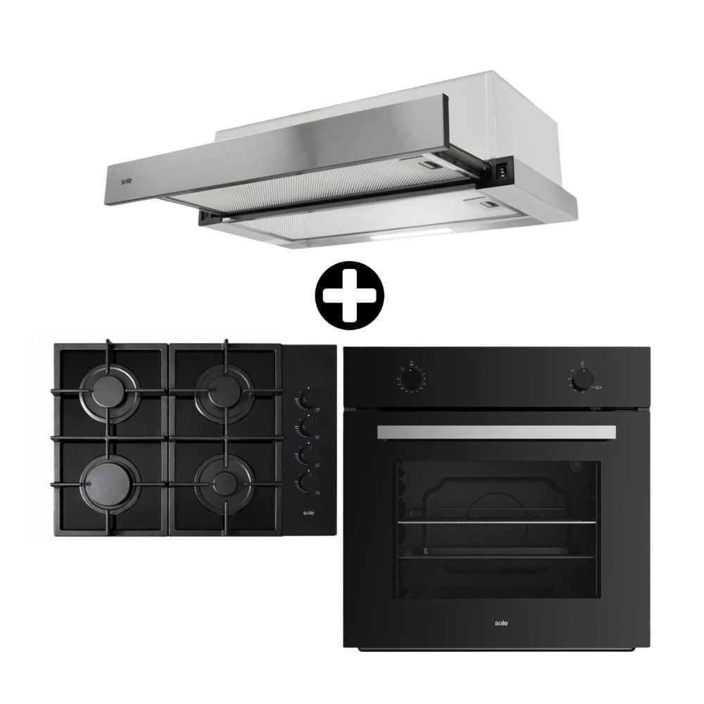 COMBO Sole: Cocina Encimera Solco073v2 Compacta 65cm 4 quemadores + Campana Extractora Bajo Mueble TURE83COV4 Spazio 60cm Gris