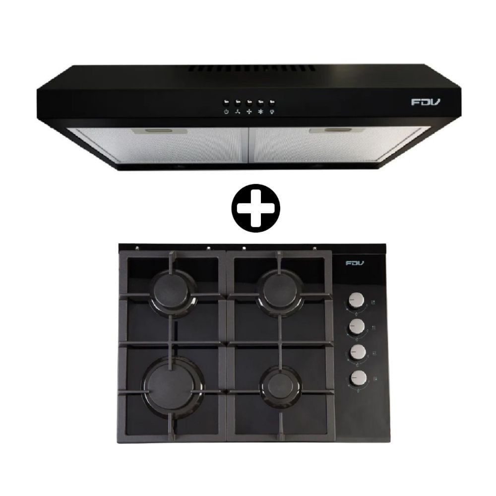 COMBO FDV: Cocina Encimera Crystal I 4gl 60cm Gas GLP + Campana Extractora 60cm Class Black Acero Inoxidable