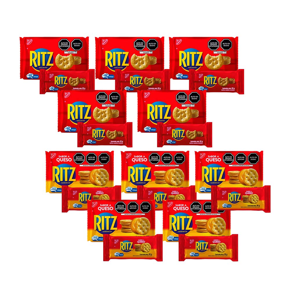 Pack Galletas Saladas RITZ sabor Queso Paquete 6un x 5un + Galletas Saladas RITZ sabor Original Paquete 6un x 5un