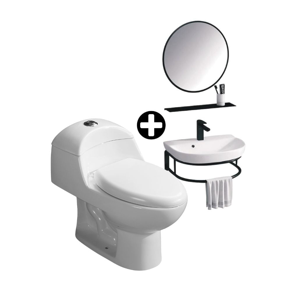 COMBO Orange: Inodoro One Piece Cerámico Ártico Blanco con Descarga Dual + Vanitorio Cerámico Bertha Negro Modelo VN0003