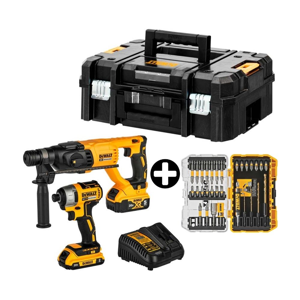 COMBO Rotomartillo + Atornillador 1/4" 20V DCK260D1P1T Dewalt + Set puntas para atornillador Maxfit 32 pzas Dewalt