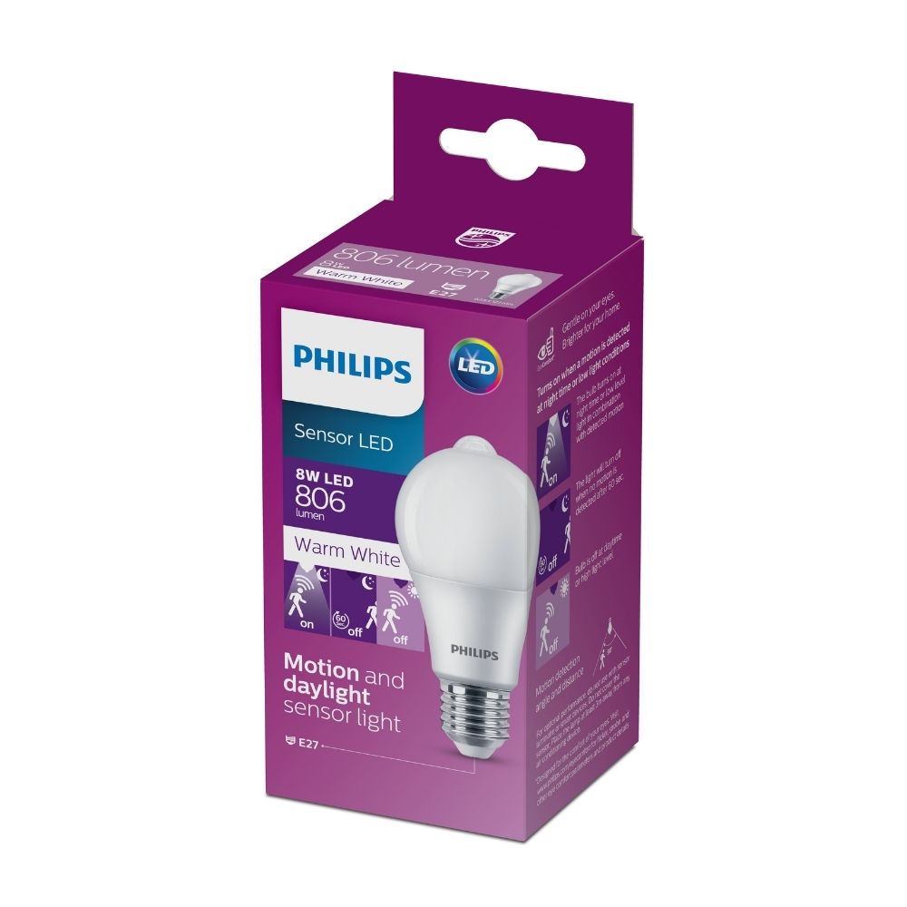 Foco LED Philips con Sensor 8w E27 Luz Cálida