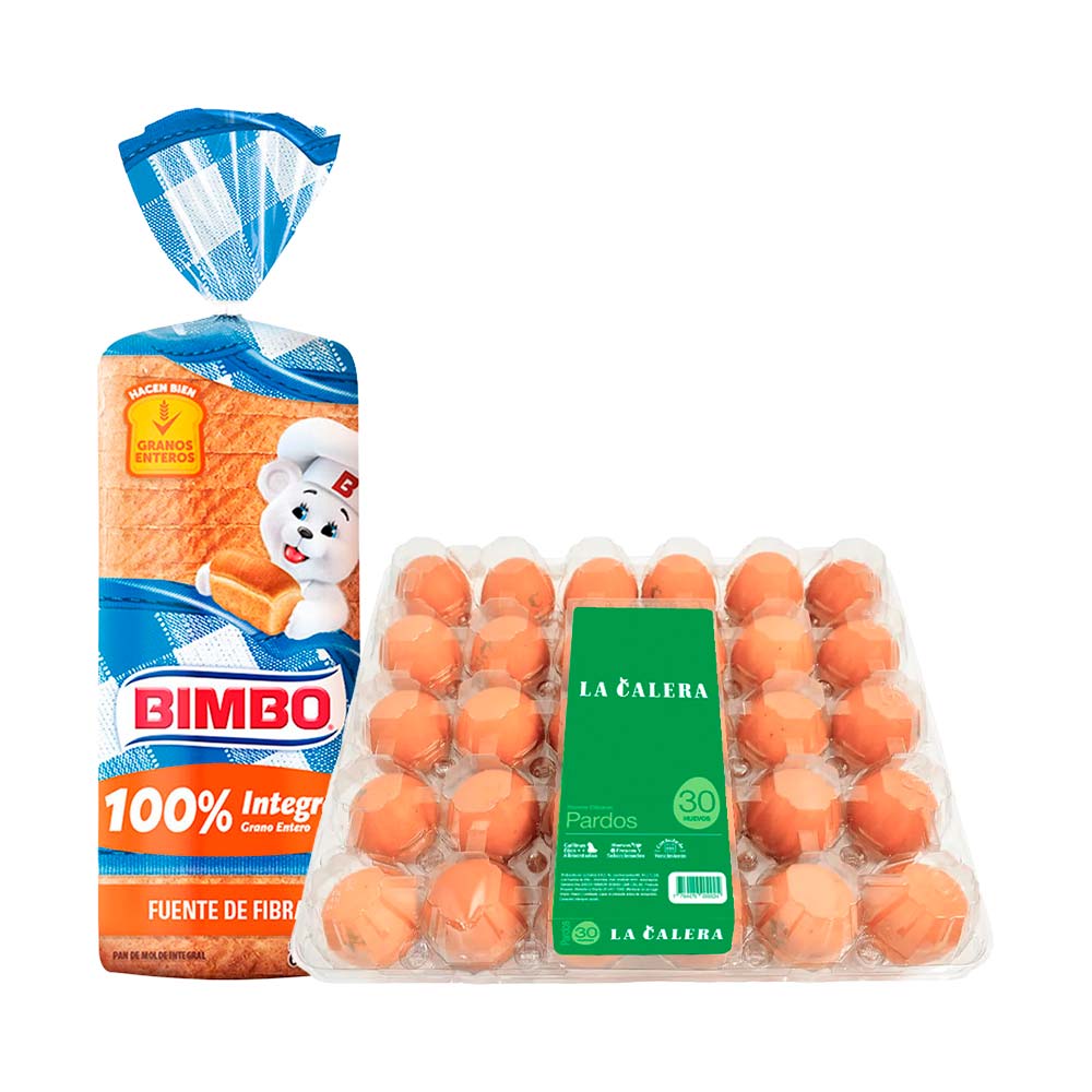 Pack Huevos Pardos LA CALERA Paquete 30un + Pan de Molde BIMBO Integral Familiar Bolsa 620g