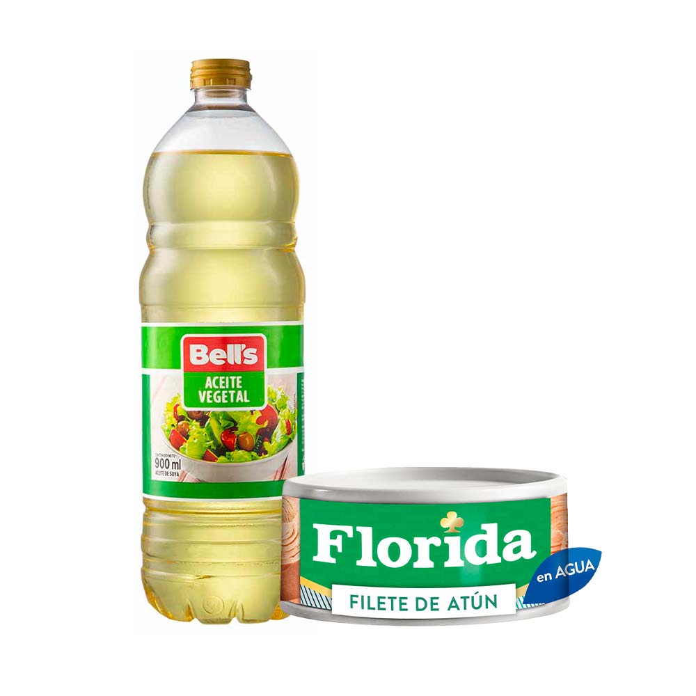 Pack Aceite Vegetal BELL'S Botella 900ml + Filete de Atún FLORIDA en Agua 110kcal Lata 140g