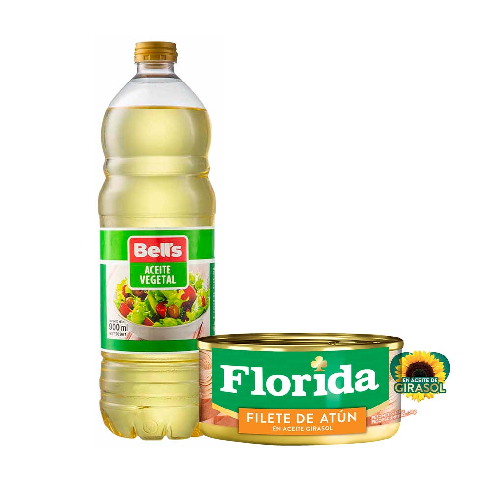 Pack Aceite Vegetal BELL'S Botella 900ml + Filete de Atún FLORIDA en Aceite Girasol Lata 140g