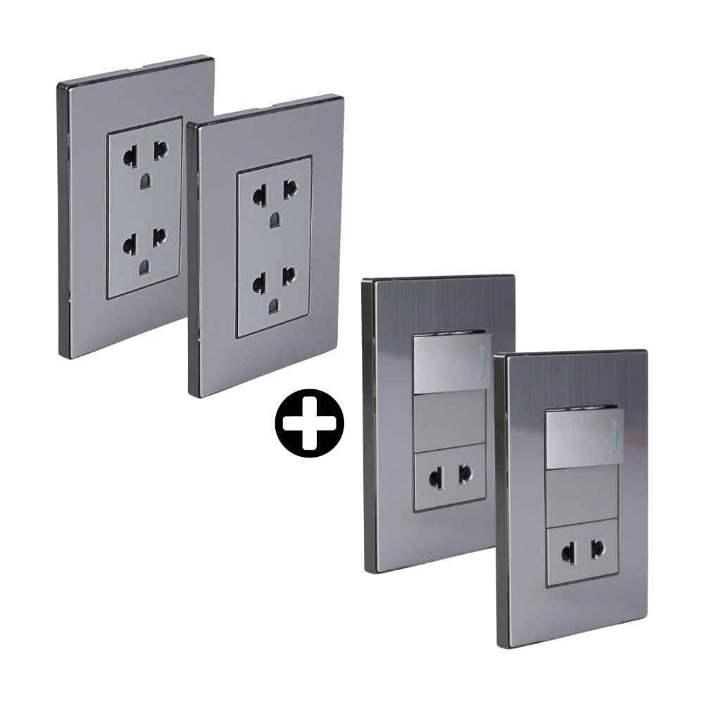 COMBO Placa Armada Orange: 2 Tomacorrientes Doble Universal Acero Inoxidable LT + 2 Interruptores  + 2 Tomacorrientes Acero Inoxidable