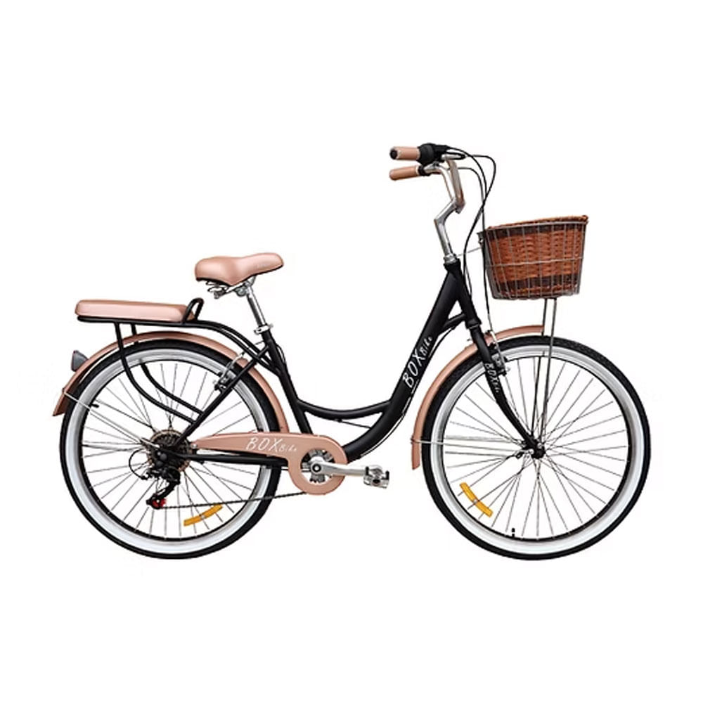 Bicicleta Vintage Aro 26 con Shimano Tourney y Canasta Amplia  Negro con Champagne