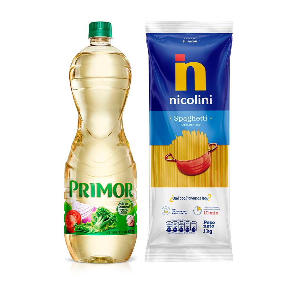 Pack Fideos NICOLINI Spaghetti Bolsa 1Kg + Aceite Vegetal PRIMOR Clásico Botella 900ml