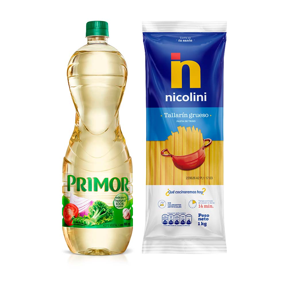 Pack Aceite Vegetal PRIMOR Clásico Botella 900ml + Fideos NICOLINI Tallarín Grueso Bolsa 1kg