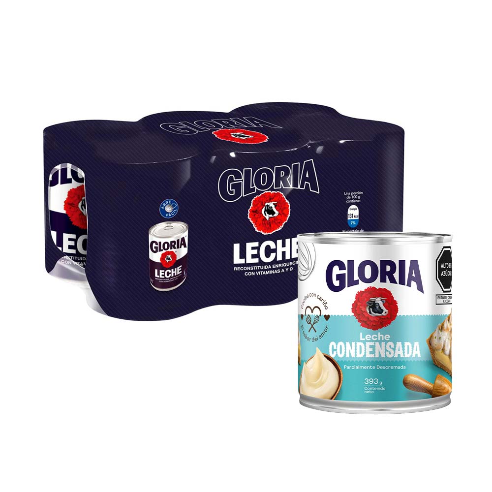 Pack Leche Condensada GLORIA Lata 393g + Leche Reconstituida Entera GLORIA Lata 390g Paquete 6un