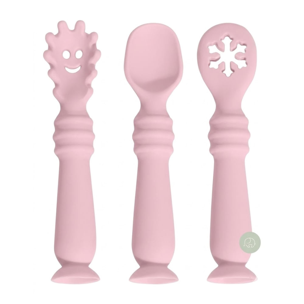 Set de 3 Piezas Cubiertos de Aprendizaje Palo Rosa Silicona para Bebé