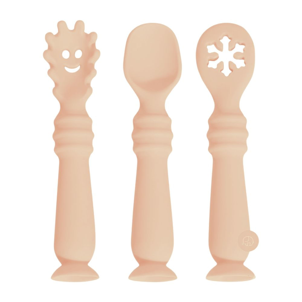 Set de 3 Piezas Cubiertos de Aprendizaje Beige Rosado Silicona para Bebé
