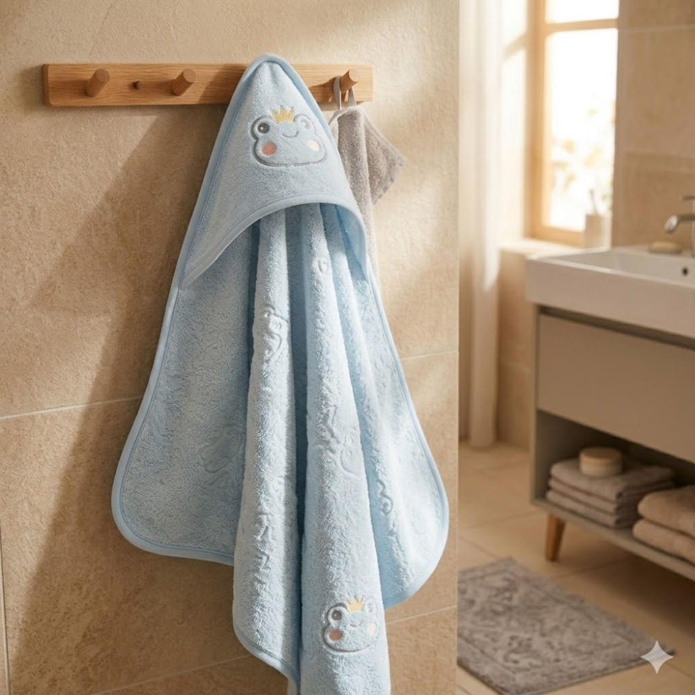 Toalla de Baño Bebé con Capucha para Niño Celeste de Sapito con Corona