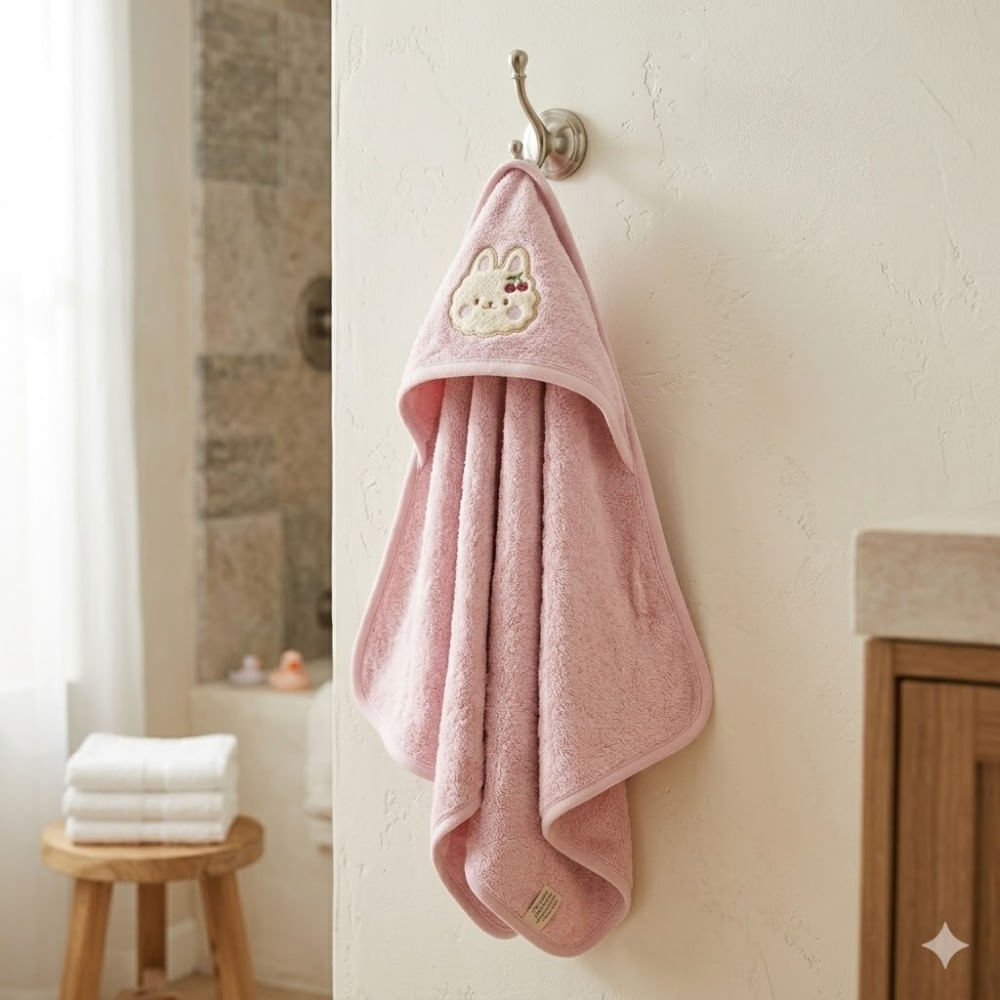 Toalla de Baño Bebé con Capucha Rosada Conejita
