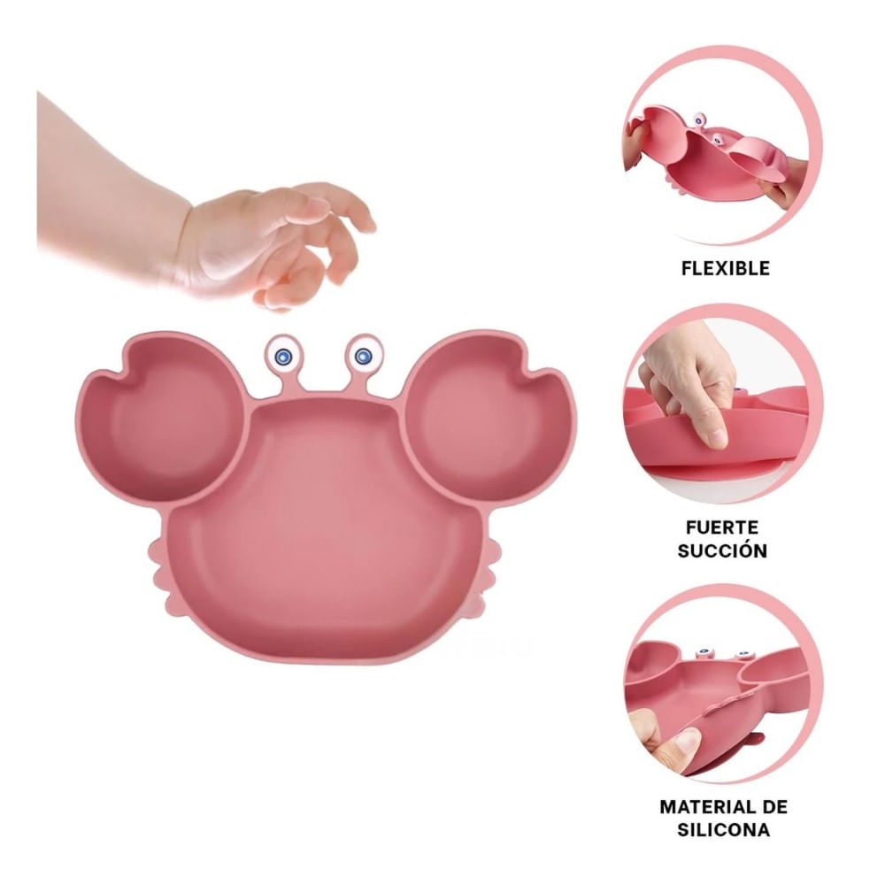 Plato Silicona Cangrejo Palo Rosa para Bebé 3 Divisiones