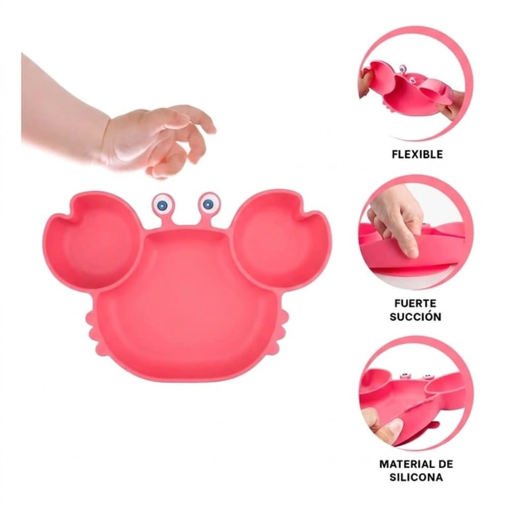 Plato Silicona Cangrejo Fucsia para Bebe 3 Divisiones