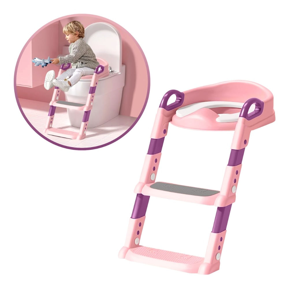 Asiento de Inodoro de Baño con Escalera para Niños Rosado BC-108