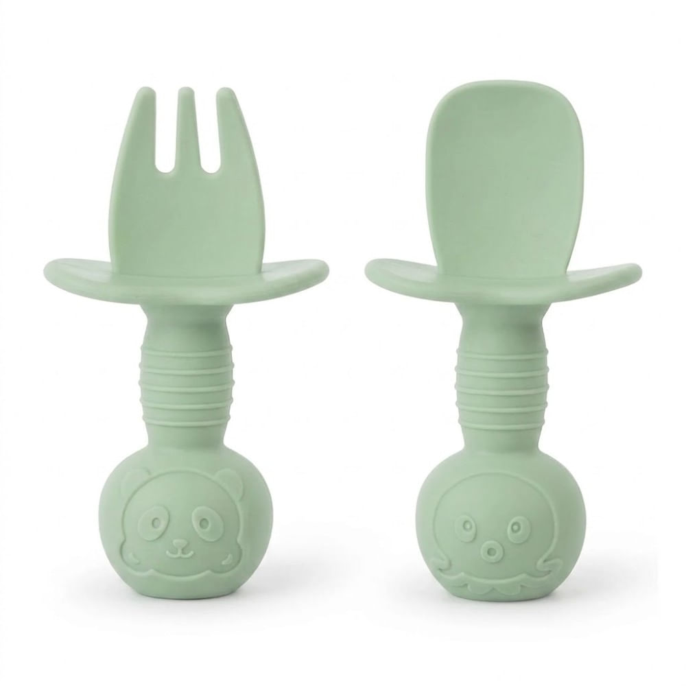 Juego de 2 pcs Pre Cucharada y Cubierto de Osito con Tope Verde Claro con Estuche
