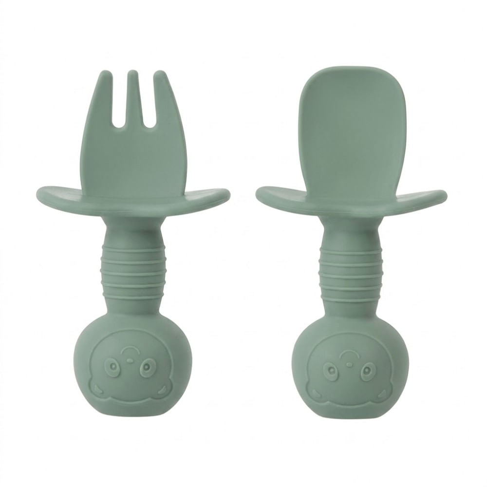 Juego de 2 pcs Pre Cucharada y Cubierto de Osito con Tope Verde Oscuro con Estuche
