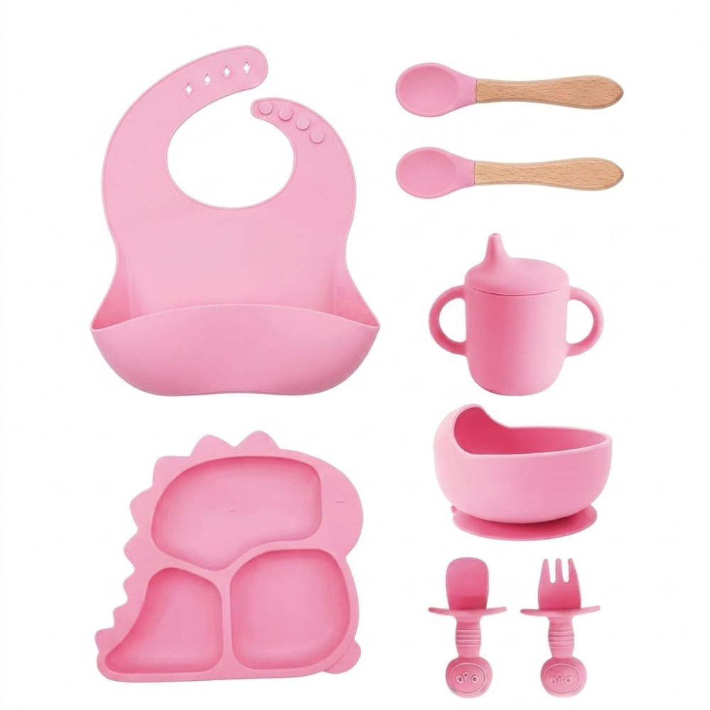 Kit de Alimentación de Dino para Bebé 8 Piezas Rosa