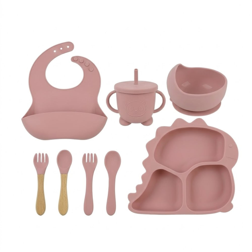 Kit de Alimentación de Dino para Bebe 8 Piezas Palo Rosa