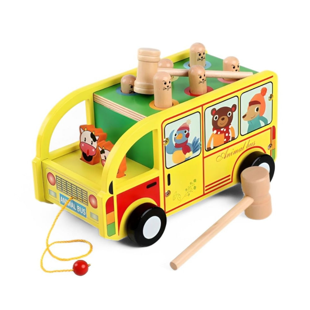 Carro Didáctico Madera Bus Encaje de Topos con Martillo