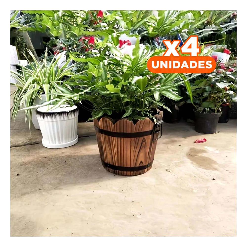Pack4 Contenedor Decorativo de Madera Tipo Barril con Borde Ondeado Marron