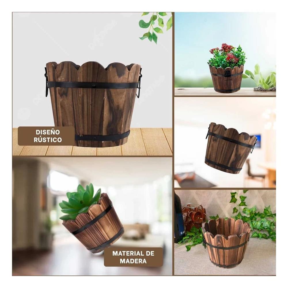 Recipiente Artesanal de Madera Estilo Barril con Borde Ondeado Marron