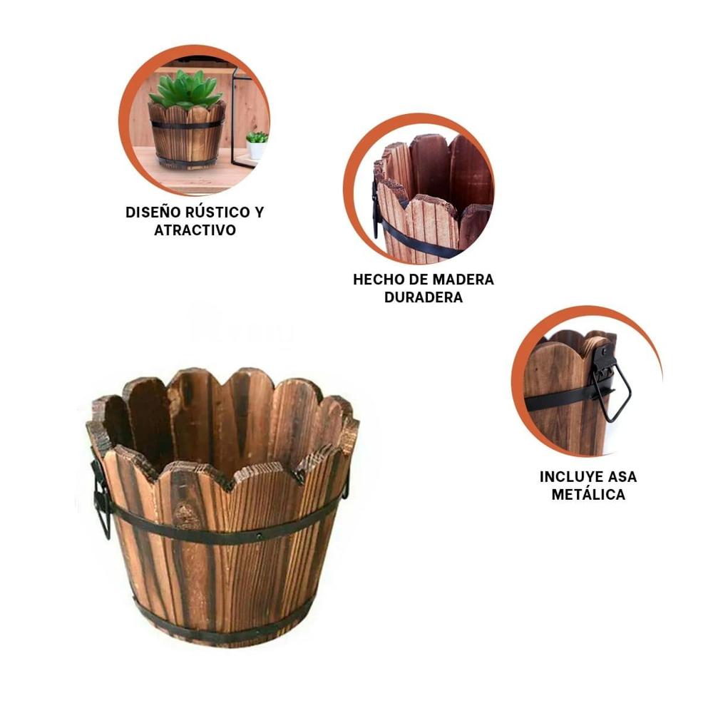 Maceta de Madera para Decoracion Tipo Barril Marron Y+Ligas Regalo