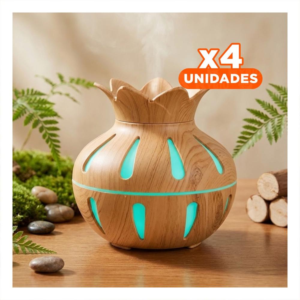 Pack4 Humificador para Interior con Forma de Flor Color Madera Claro y Medidas 12x11cm