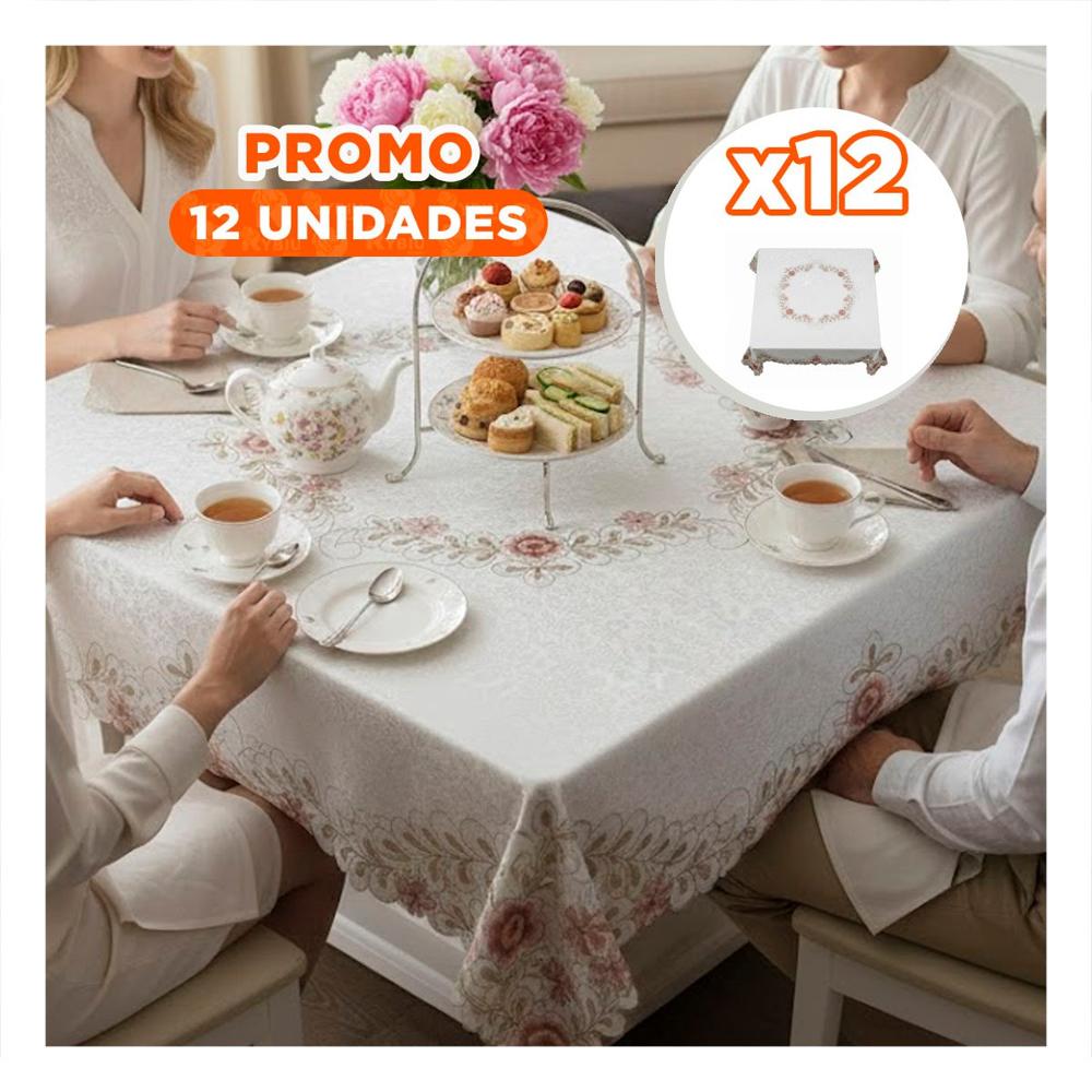 Pack12 Cubremesa Crema Flores y Hojas Borde Bordado 350x180cm para Comedor